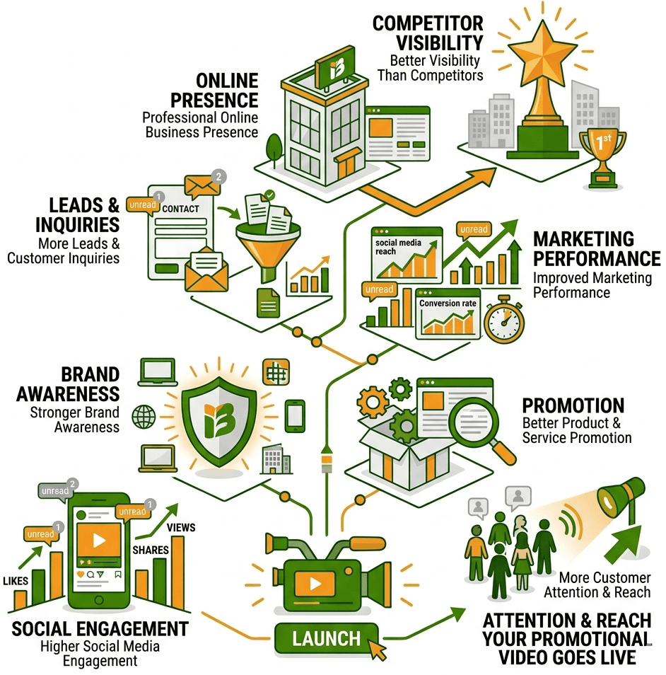 Business promotional videos displayed on social media platforms with increasing customer engagement and brand growth.