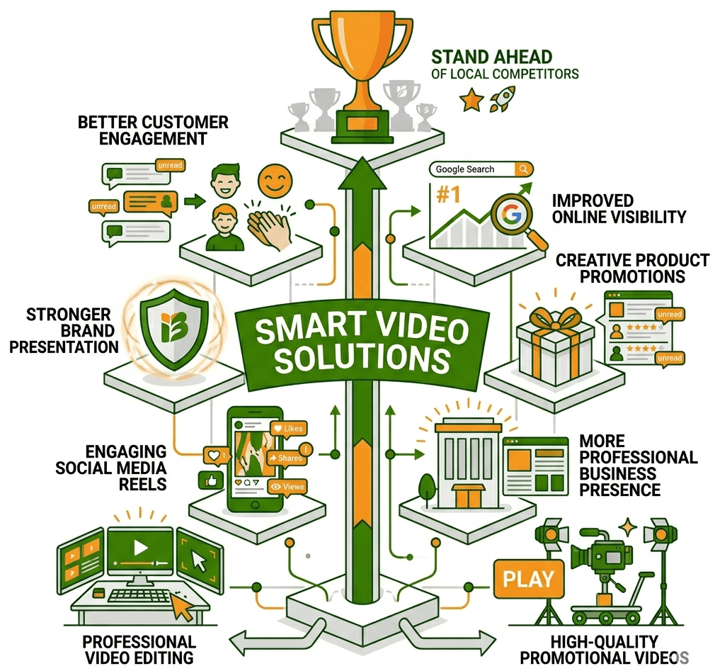 Professional promotional videos playing on social media platforms with increasing customer engagement and brand visibility.