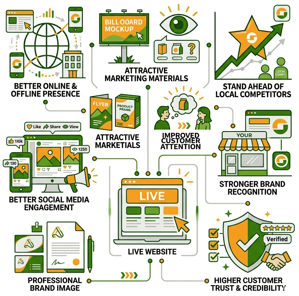 Professional branding materials showing modern logos, social media creatives, packaging designs, and growing customer engagement.