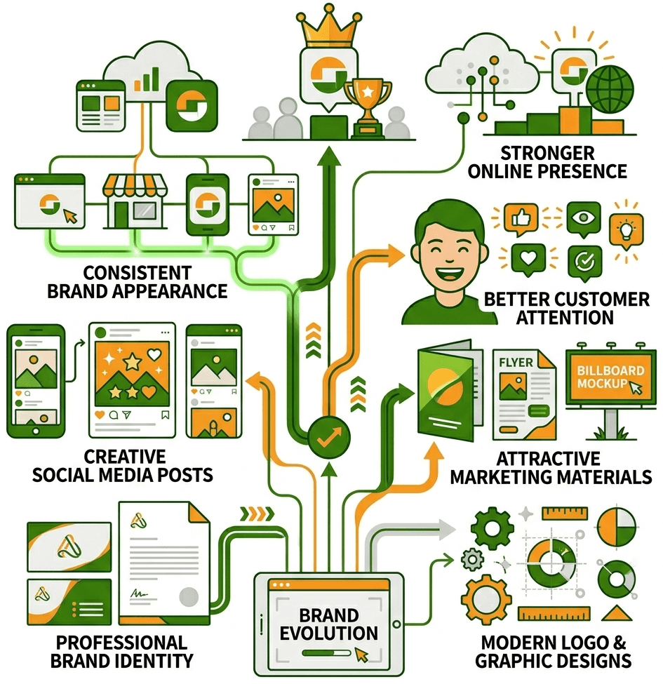 Modern branding and graphic design elements including logos, social media posts, banners, and marketing materials.