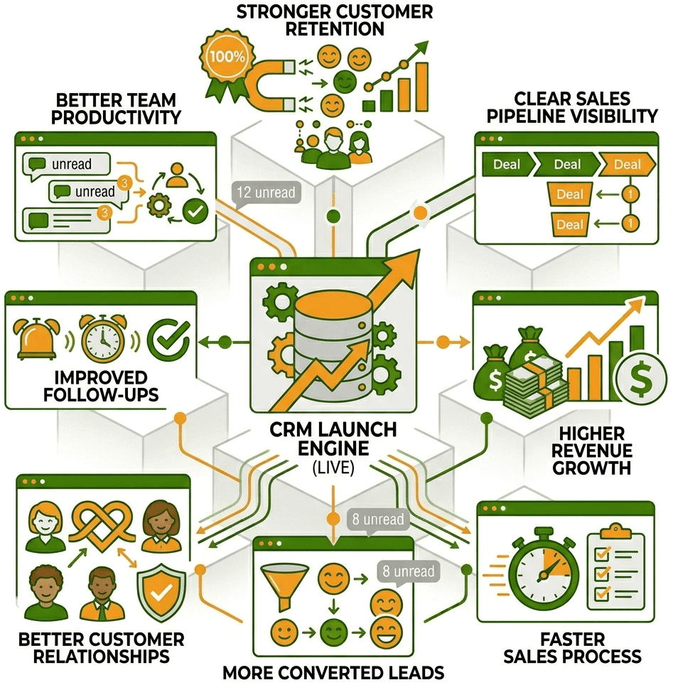 CRM dashboard showing increased sales, customer tracking, and lead conversions.