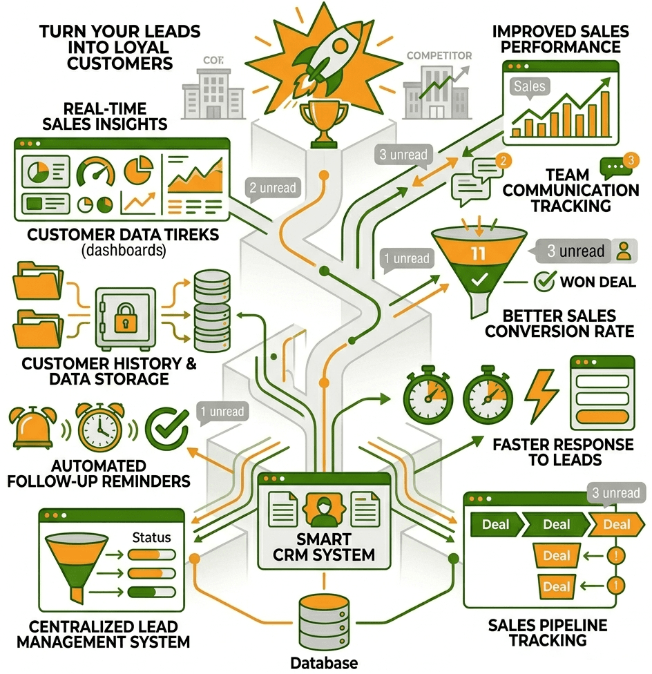 CRM dashboard showing leads, sales pipeline, customer tracking, and automated follow-ups.