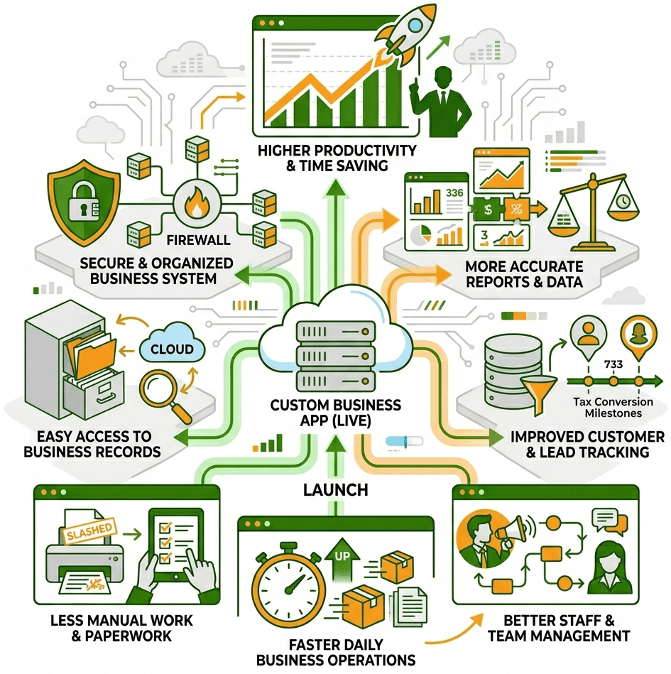 Business owner viewing a dashboard with organized reports, employee management, customer records, and improved business operations.