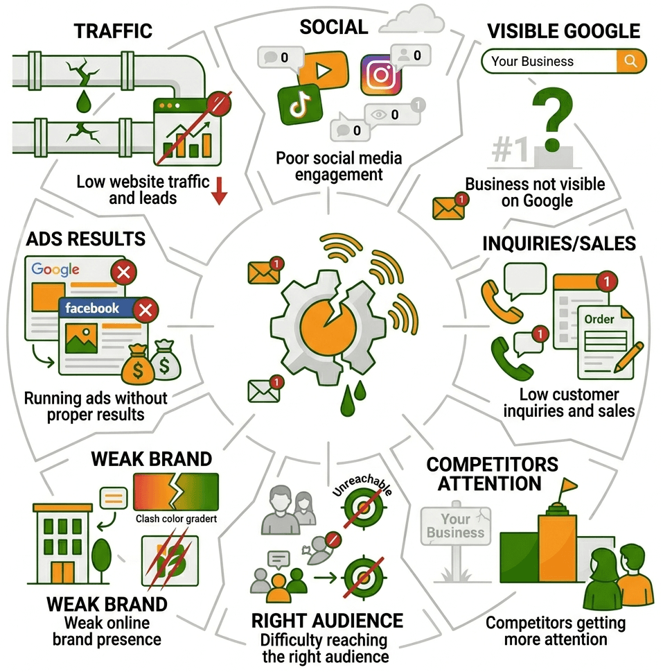 Business owner frustrated with low website traffic, poor social media reach, and fewer customer inquiries.