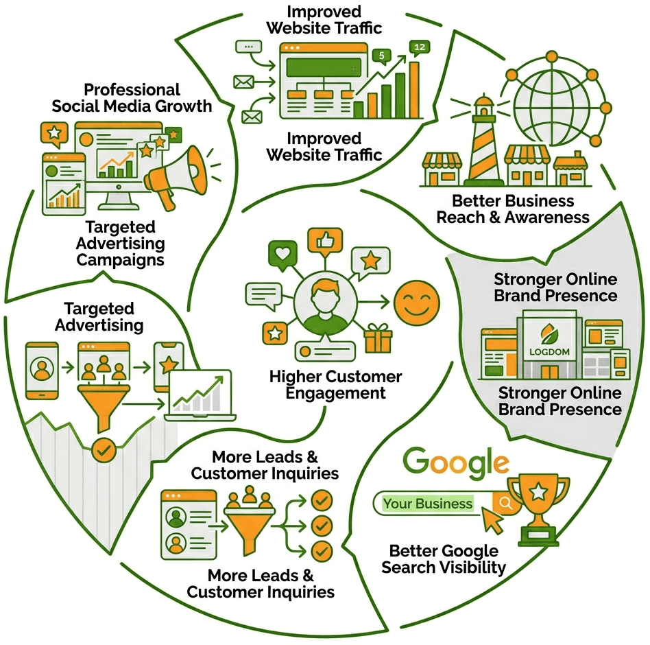 Business growing online through social media marketing, Google visibility, and increasing customer inquiries.