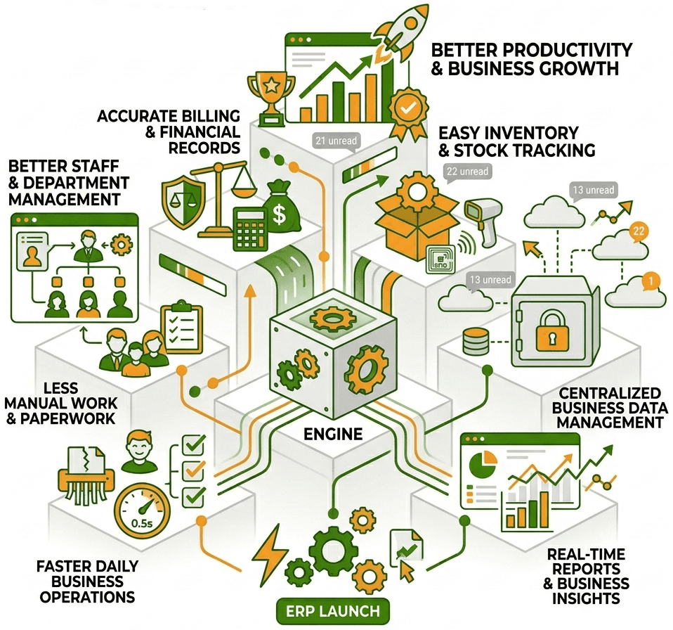 Business owner managing staff, inventory, accounts, and reports easily through a smart ERP software dashboard.